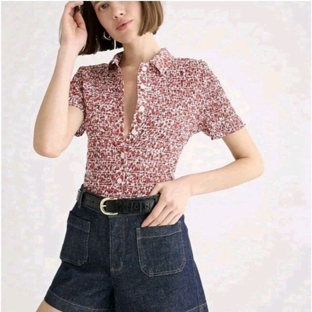 J.CREW x LIBERTY FABRICS Womens XS Smocked Button Up Top Elizas Red Short Sleeve